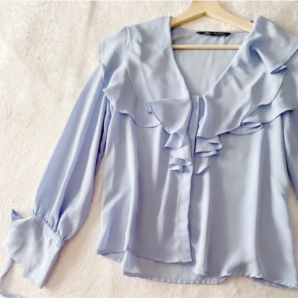 Zara Blue Elegant Ruffle Neckline and Tied Cuff Blouse - Picture 3 of 10